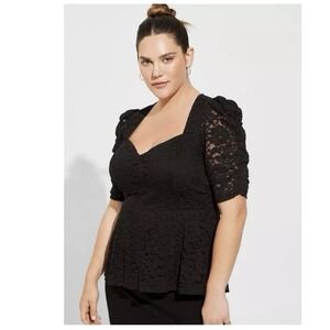 NWT Torrid Black Stretch Lace Cinched Elbow Sleeve Peplum Top Size 1X